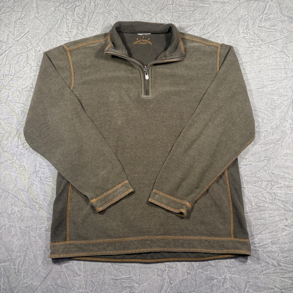 Tommy Bahama Pullover Mens XL Green Jeans 1/4 Zip Waffle Knit Mock Neck Sweater